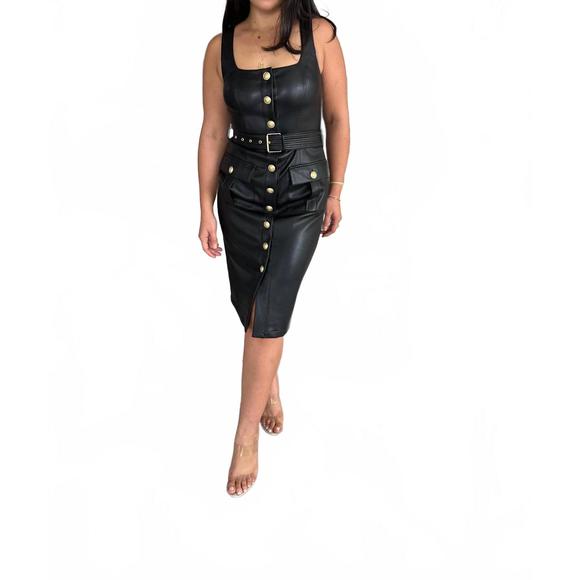 NEW L'AGENCE idy button front tank midi dress in leather black - Picture 1 of 3